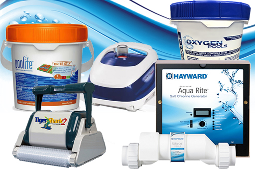 a variety of Pool Accessories including a water filtrator, a tile cleaner,.